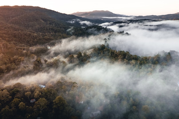 Montanhas e árvores em uma vila rural, ângulo alto pela manhã