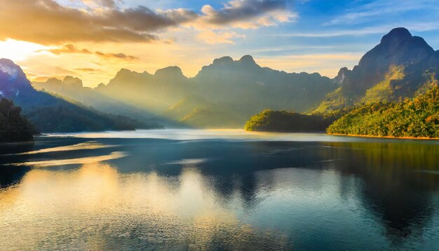 Montanhas e lago da tranquilidade do nascer do sol na corriola