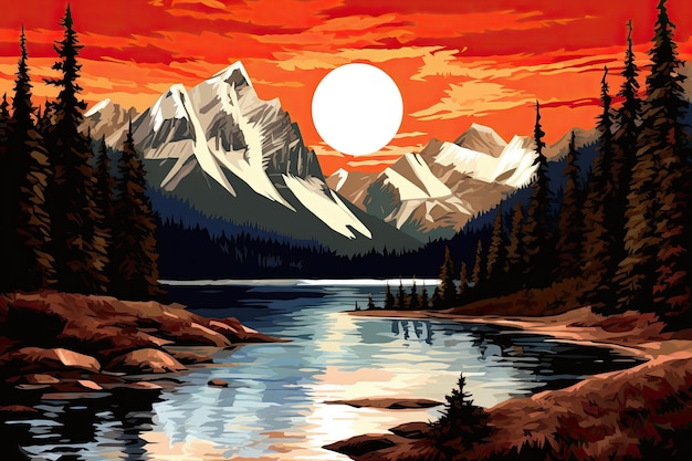 Montanhas e lago na floresta ao pôr do sol Vector ilustração Bandeira do Canadá e belas paisagens canadenses AI geradas