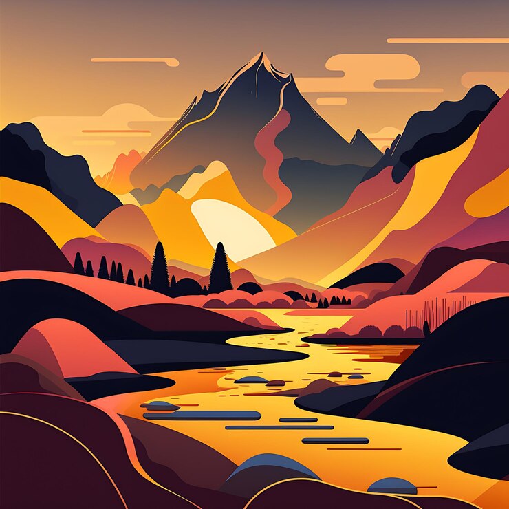 Montanhas e paisagem do rio synthwave design