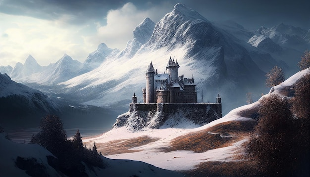 Montanhas entre o castelo com neve sobre elas