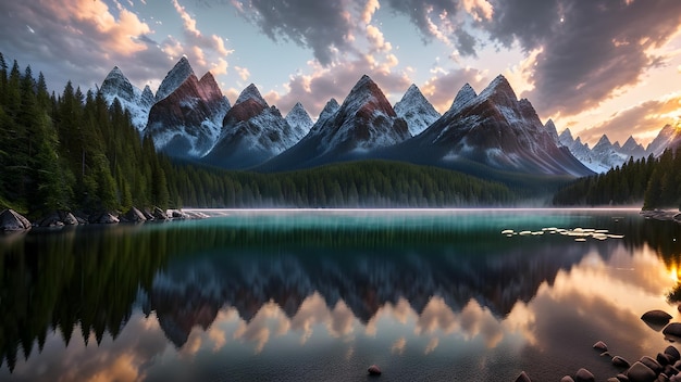 Montanhas magníficas Vales Lago Jardim de flores árvores serenas floresta paisagem ilustração Ai gerado para crianças livros pinturas artes de parede tela