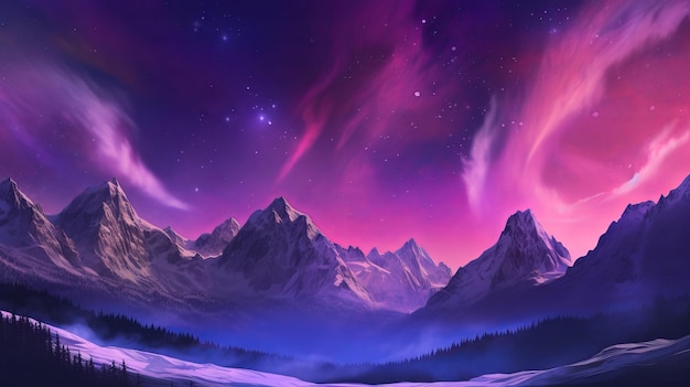 Montanhas medonhas com Aurora Borealis Fuchsia Sky Estabelecimento com copyspace AI gerado