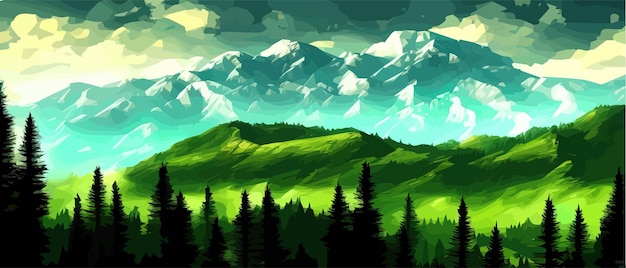 Montanhas nebulosas com ilustração vetorial de floresta de coníferas Panorama rochoso de Smokey com montanhas montanhosas