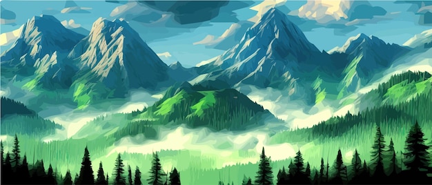 Montanhas nebulosas com ilustração vetorial de floresta de coníferas Panorama rochoso de Smokey com montanhas montanhosas