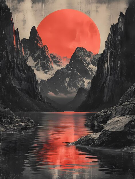 montanhas nevadas com fundo de cartaz de sol vermelho