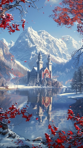 Montanhas nevadas lagos castelos e flores