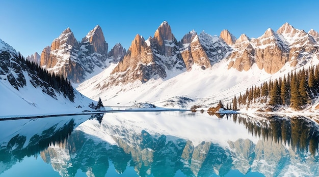 Montanhas nevadas nas dolomitas refletidas no lago abaixo