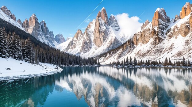 Montanhas nevadas nas dolomitas refletidas no lago abaixo