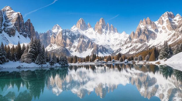 Montanhas nevadas nas dolomitas refletidas no lago abaixo