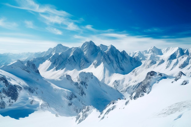 Montanhas nevadas paisagem neve em picos de montagem céu azul generativo ai