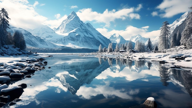 Montanhas nevadas refletidas no lago