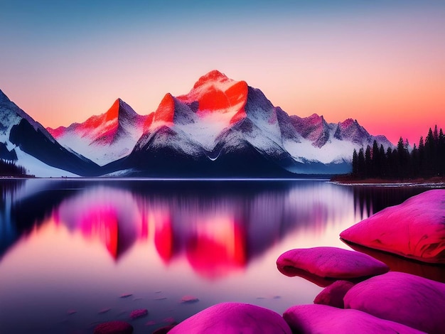 Montanhas nevadas rosadas com lago e rochas com ilustração de floresta