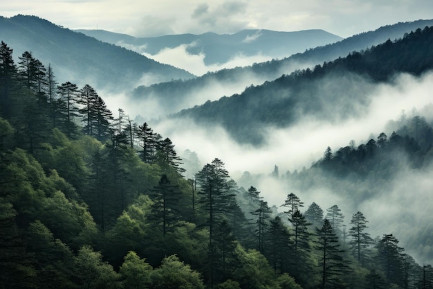 Foto montanhas nubladas fumegantes árvores naturais gerar ia