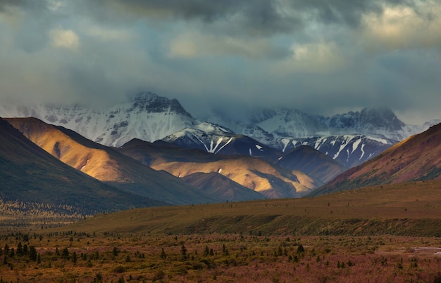 Montanhas pitorescas do Alasca no verão. Maciços cobertos de neve, geleiras e picos rochosos.