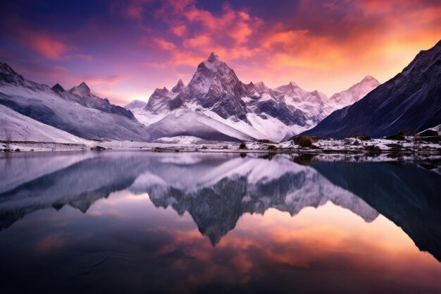 Montanhas refletidas no lago ao nascer do sol Cordilheira Blanca Peru Um lago de montanha com um reflexo perfeito ao nascer do sol Uma bela paisagem com um céu roxo montanhas nevadas AI Gerado