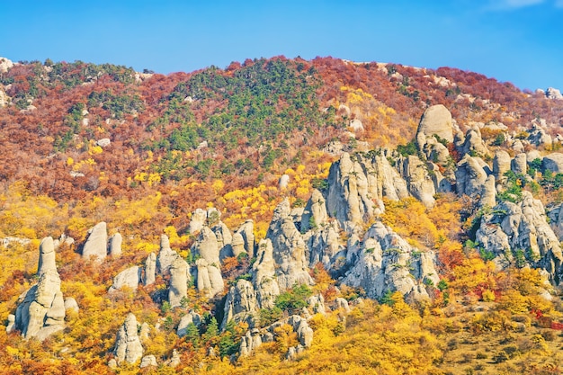 Montanhas rochosas com blocos de pedra em forma de estátuas com árvores coloridas e brilhantes na temporada de outono