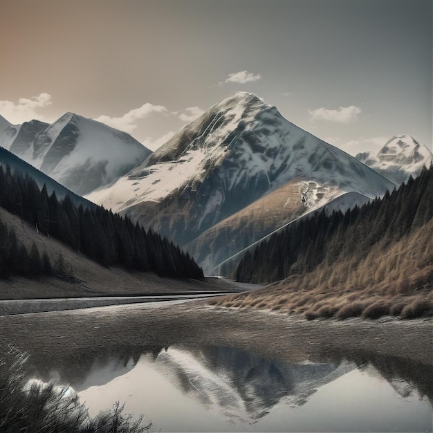 montanhas são refletidas em um lago no meio de um vale