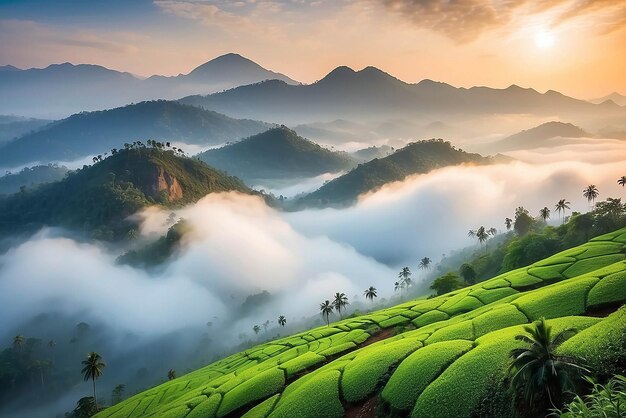 Foto montanhas sob a névoa pela manhã paisagens naturais incríveis formam kerala o próprio país de deus turismo e conceito de viagem imagem de natureza de tipo fresco e relaxante