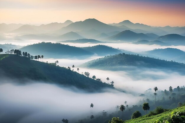 Montanhas sob a névoa pela manhã Paisagens naturais incríveis formam Kerala O próprio país de Deus Turismo e conceito de viagem Imagem de natureza de tipo fresco e relaxante