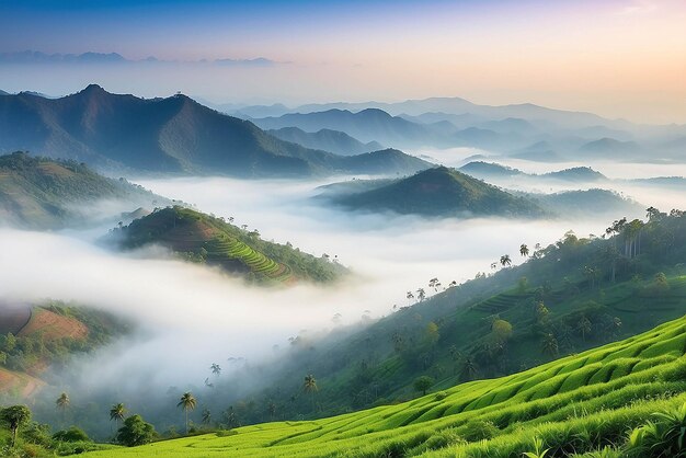 Montanhas sob a névoa pela manhã Paisagens naturais incríveis formam Kerala O próprio país de Deus Turismo e conceito de viagem Imagem de natureza de tipo fresco e relaxante