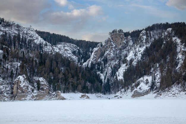 Montanhas sombrias de paisagem de inverno cobertas de floresta sob um céu nublado Clima clima