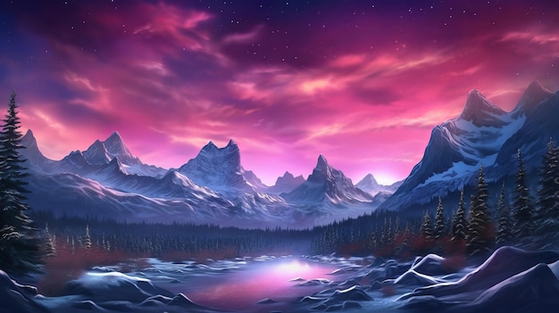 Montanhas terríveis com Aurora Borealis Fuchsia Sky Estabelecimento com copyspace AI gerado