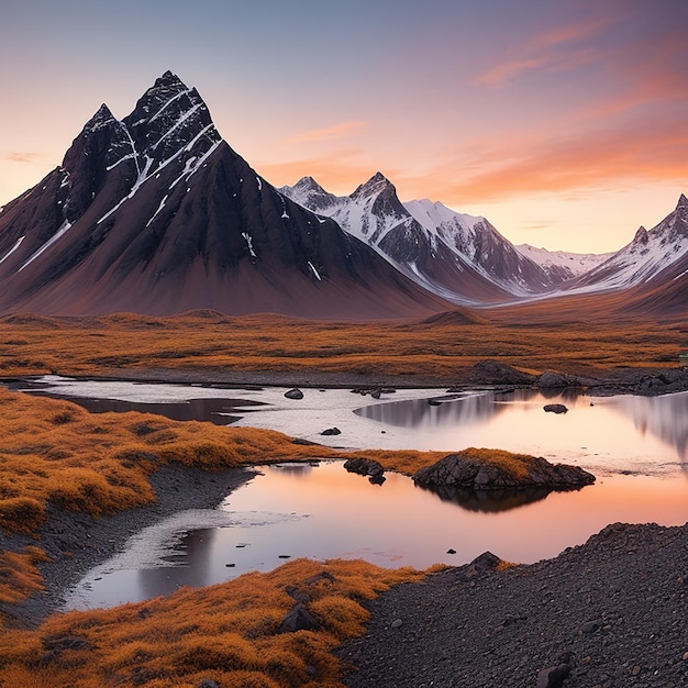 Montanhas Vestrahorn ao pôr do sol em stokksnes geradas por IA