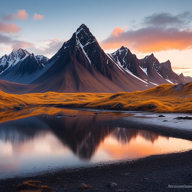 Montanhas Vestrahorn ao pôr do sol em stokksnes geradas por IA