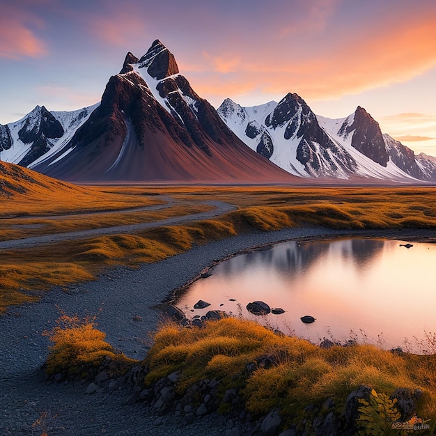 Montanhas Vestrahorn ao pôr do sol em stokksnes geradas por IA