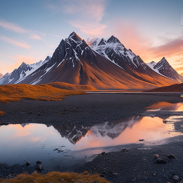 Montanhas Vestrahorn ao pôr do sol em stokksnes geradas por IA