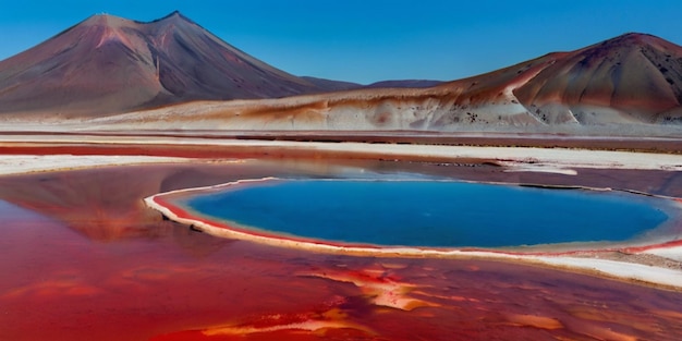 Foto montanhas vulcânicas vermelhas e um lago salgado azul