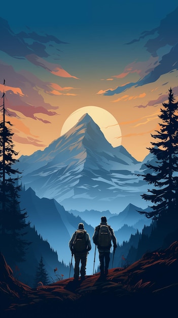 Montanhista em silhueta com ilustração do pico da montanha