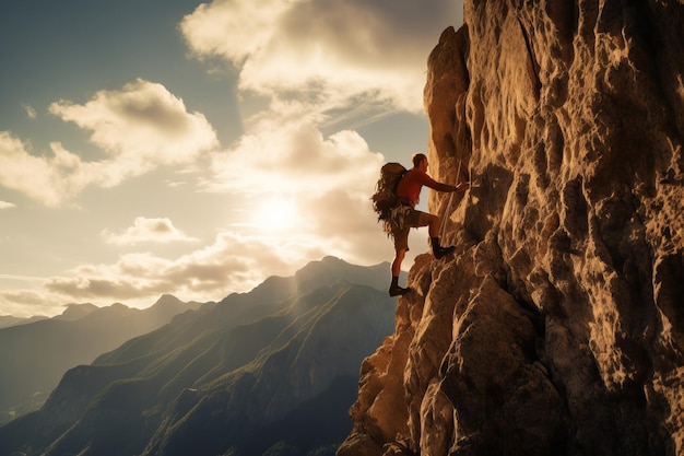 Montañismo Un hombre sube una montaña rocosa hasta la cima del deporte extremo ai generativo