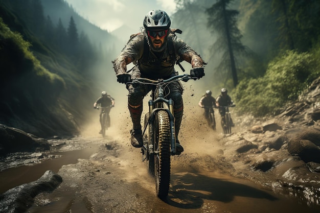 Montar en bicicleta por un hermoso sendero de montaña por la mañana ciclista en bicicleta deportiva generada con IA