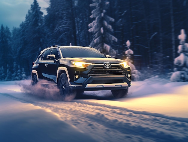 Montar un coche negro en un camino nevado