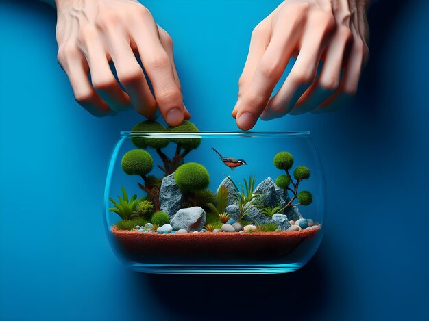 montar un ecosistema en miniatura dentro de un terrario de vidrio transparente el terrario