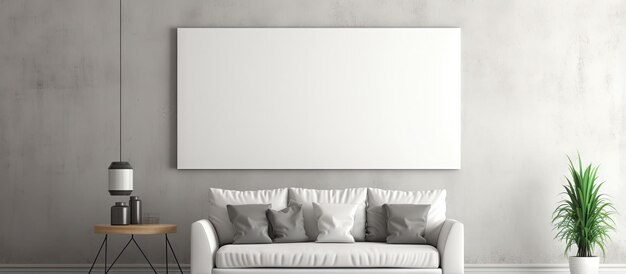 Montar una escena interior con un sofá y un cartel vacío.