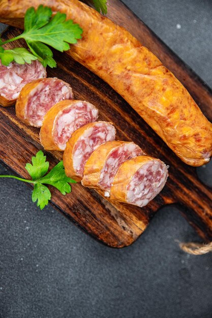 Montbéliard-Wurst, Fleisch, Schweinefleisch, Rindfleisch, frische Kollagenhülle, Wurst, Lebensmittel, Snack auf dem Tisch