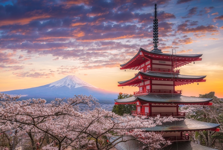 Foto monte los bellos paisajes de fujisan al atardecer.