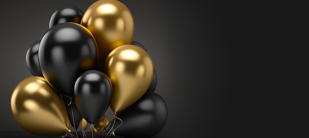 Monte de balões pretos e dourados em fundo escuro Decoração de festa Generative AI