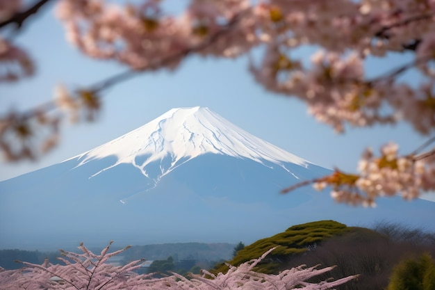 Monte fuji através de uma árvore com flores cor de rosa