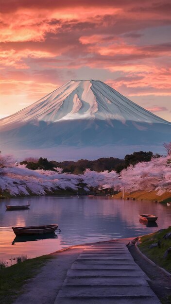 Foto monte fuji, belas paisagens ao pôr-do-sol.