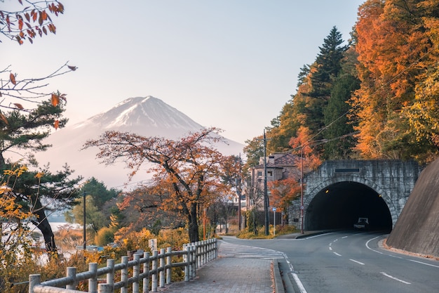 Monte Fuji con bosque de otoño y camino del túnel