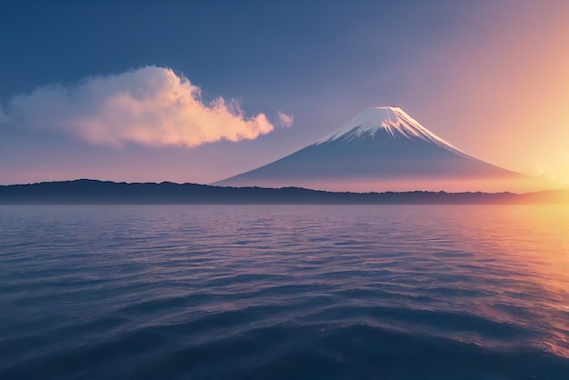 Monte Fuji Com lago de água em arte de pintura realista. Lago verde com céu azulado com duas montanhas.