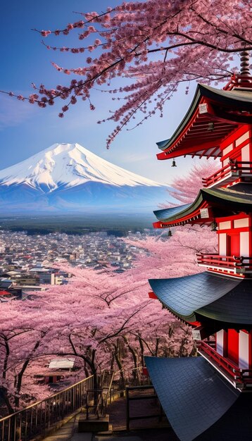 Monte Fuji e flores de cerejeira na primavera em Yamanashi, Japão