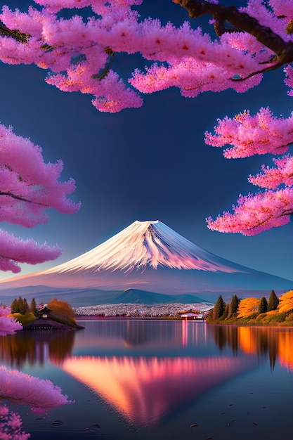 Monte Fuji e paisagem de flores de cerejeira do lago Kawaguchiko Monte Fuji em noite misteriosa com lua grande Arte digital