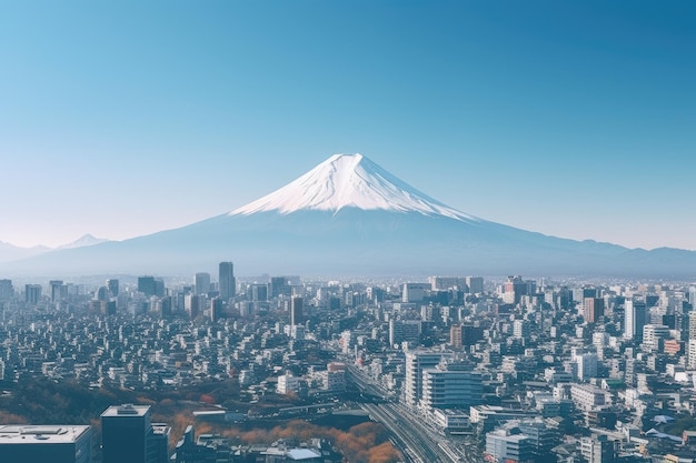 Monte Fuji e paisagem urbana de Fujiyoshida Japão Vista aérea da paisagem urbana de Tóquio com a montanha Fuji no Japão AI gerada