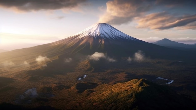 Monte Fuji envolto em nuvens com céu claro