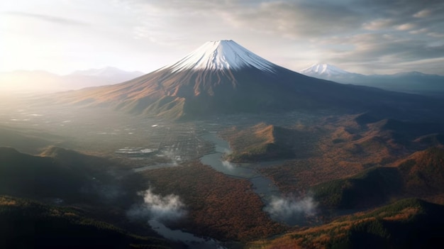 Monte Fuji envuelto en nubes con cielo despejado